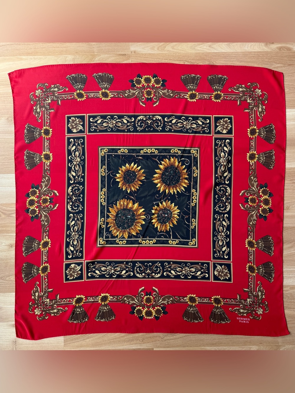 Hermes Vintage Sunflower Scarf Red Silk Paris Design 90cm